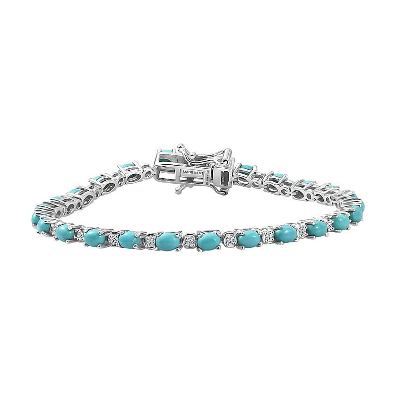 Premium Sleeping Beauty Turquoise and Luxuriant Lab Grown Diamond G-H SI 4.00 ctw Skyline Legacy Bracelet in Rhodium Over Sterling Silver (6.50 In)