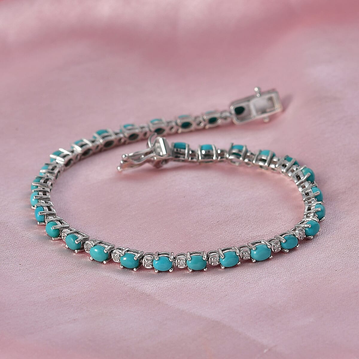 Premium Sleeping Beauty Turquoise and Luxuriant Lab Grown Diamond G-H SI 4.50 ctw Skyline Legacy Bracelet in Rhodium Over Sterling Silver (6.50 In) (Del. in 8-10 Days) image number 1