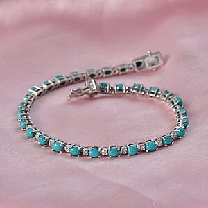 Premium Sleeping Beauty Turquoise and Luxuriant Lab Grown Diamond G-H SI 4.50 ctw Skyline Legacy Bracelet in Rhodium Over Sterling Silver (6.50 In) (Del. in 8-10 Days)