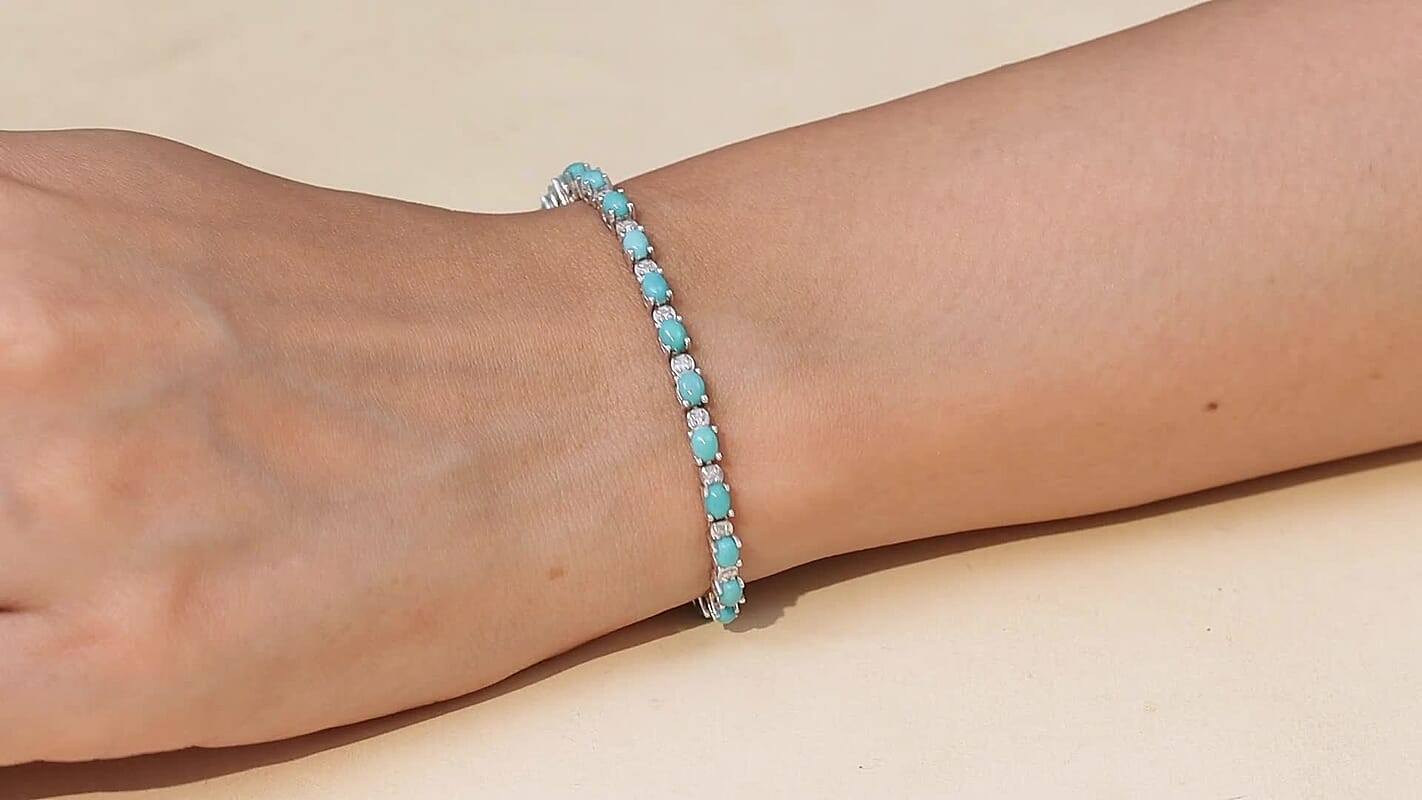 Premium Sleeping Beauty Turquoise, Luxuriant Lab Grown Diamond (0.40 cts) (I3) Bracelet in Rhodium Over Sterling Silver (7.25 In) 4.50 ctw