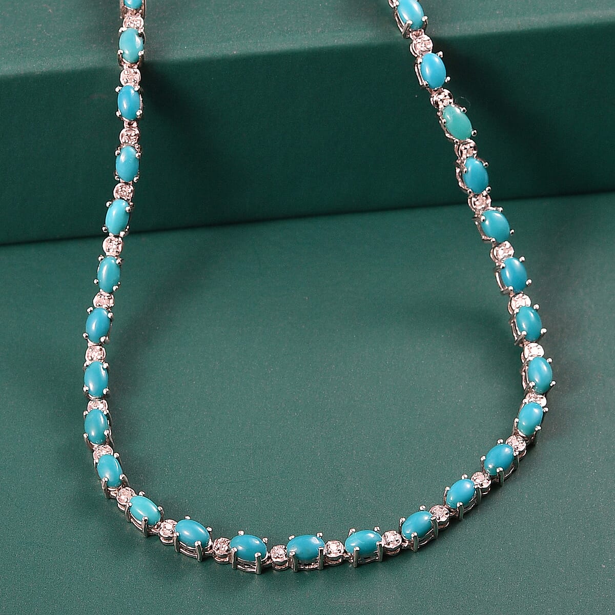 Premium Sleeping Beauty Turquoise and Luxuriant Lab Grown Diamond G-H SI 8.50 ctw Skyline Legacy Necklace in Rhodium Over Sterling Silver 18-20 Inches (Del. in 8-10 Days) image number 1