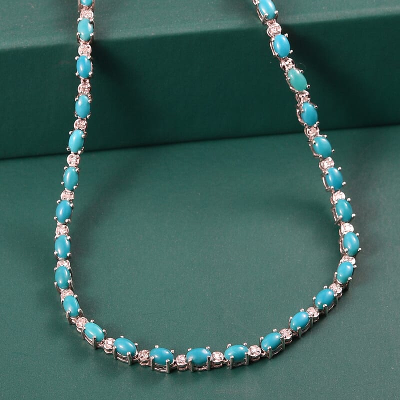 Premium Sleeping Beauty Turquoise and Luxuriant Lab Grown Diamond G-H SI 8.50 ctw Skyline Legacy Necklace in Rhodium Over Sterling Silver 18-20 Inches