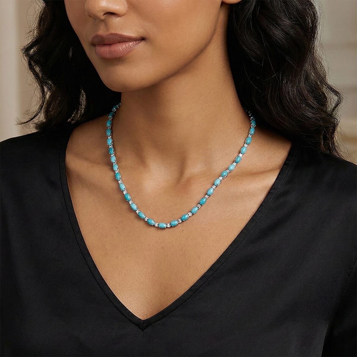 Premium Sleeping Beauty Turquoise and Luxuriant Lab Grown Diamond G-H SI 8.50 ctw Skyline Legacy Necklace in Rhodium Over Sterling Silver 18-20 Inches (Del. in 8-10 Days) image number 2
