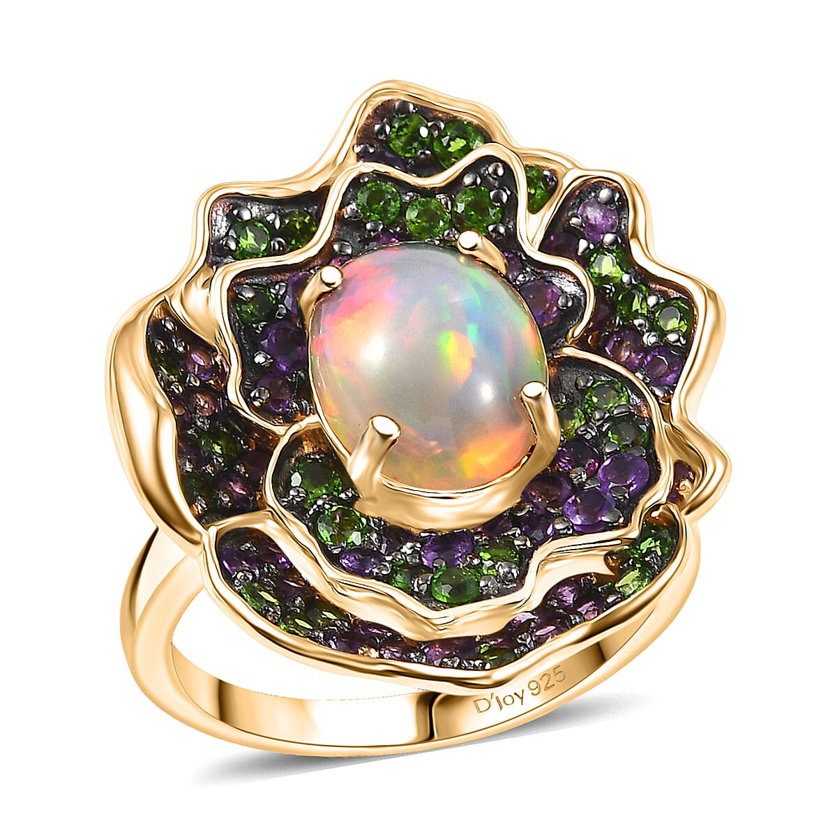D'Joy Premium Ethiopian Welo Opal and Multi Gemstone 3.00 ctw Prism Blossom Ring in 18K Vermeil Yellow Gold Over Sterling Silver (Size 10.0)