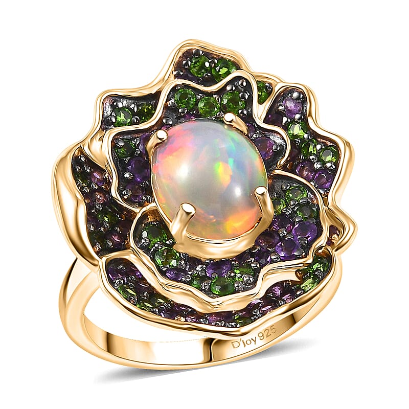 D'Joy Premium Ethiopian Welo Opal and Multi Gemstone 3.00 ctw Prism Blossom Ring in 18K Vermeil Yellow Gold Over Sterling Silver (Size 10.0)