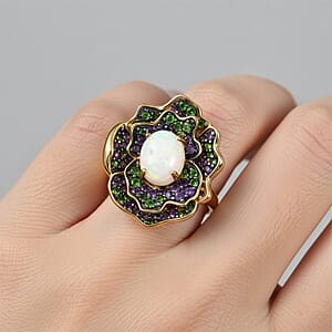 D'Joy Premium Ethiopian Welo Opal and Multi Gemstone 3.00 ctw Ring in 18K Vermeil Yellow Gold Over Sterling Silver (Size 10.0)