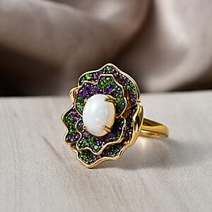 D'Joy Premium Ethiopian Welo Opal and Multi Gemstone 3.00 ctw Ring in 18K Vermeil Yellow Gold Over Sterling Silver (Size 7.0)