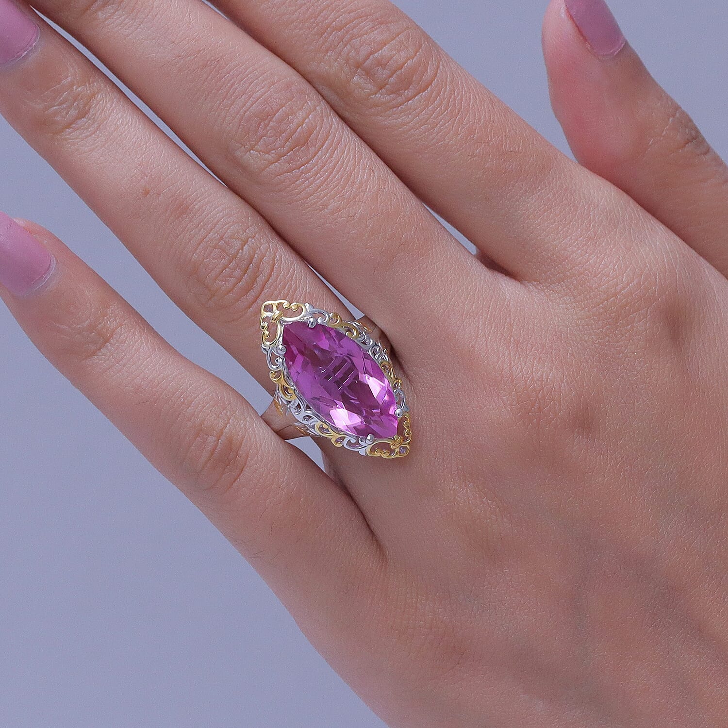 EverTrue African Lilac Quartz (Triplet) 10.25 ctw Eternal Flame Ring in 18K Yellow Gold Plated and Platinum Bond (Size 7.0)