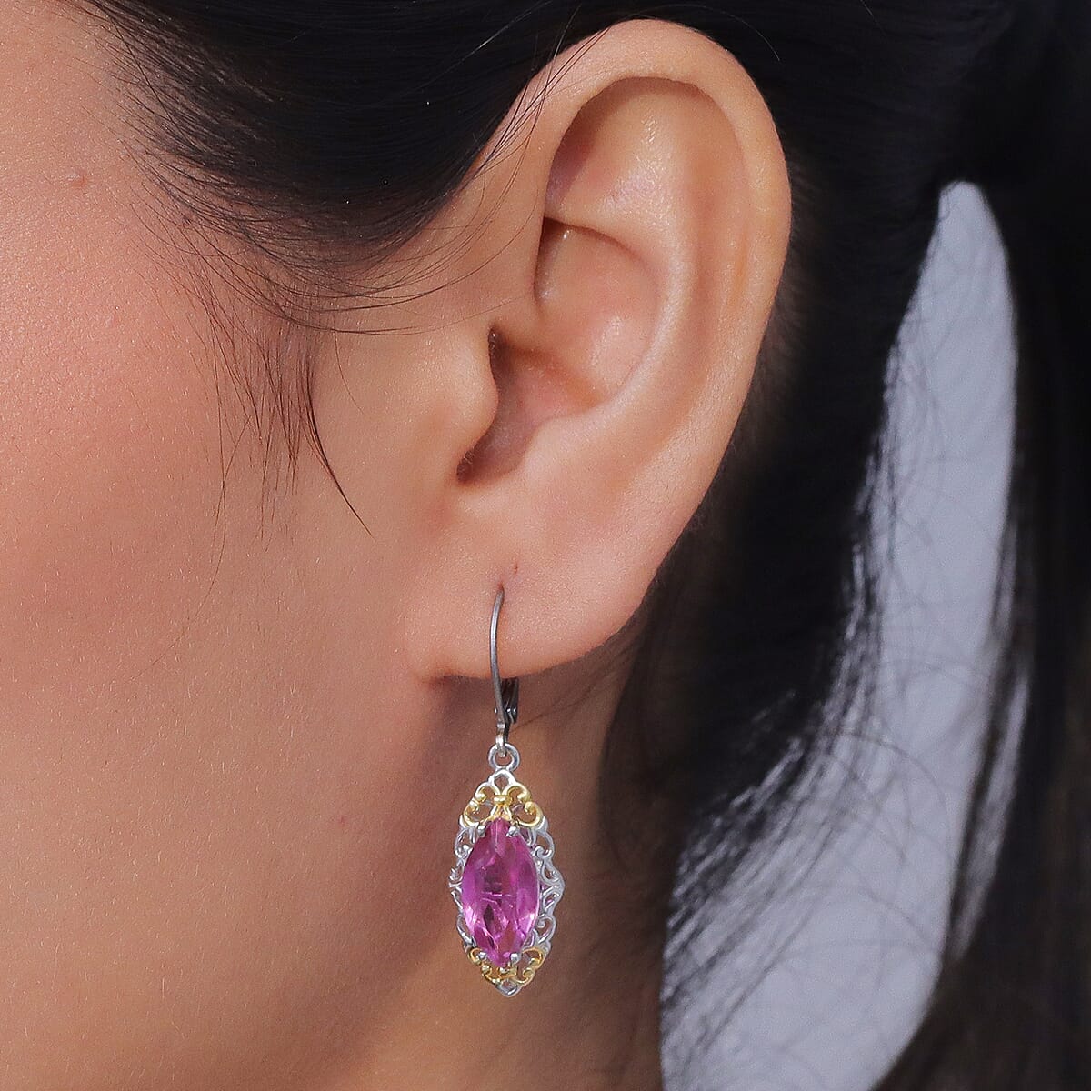 EverTrue African Lilac Quartz (Triplet) 6.25 ctw Lever Back Earrings in 18K Yellow Gold Plated and Platinum Bond image number 2