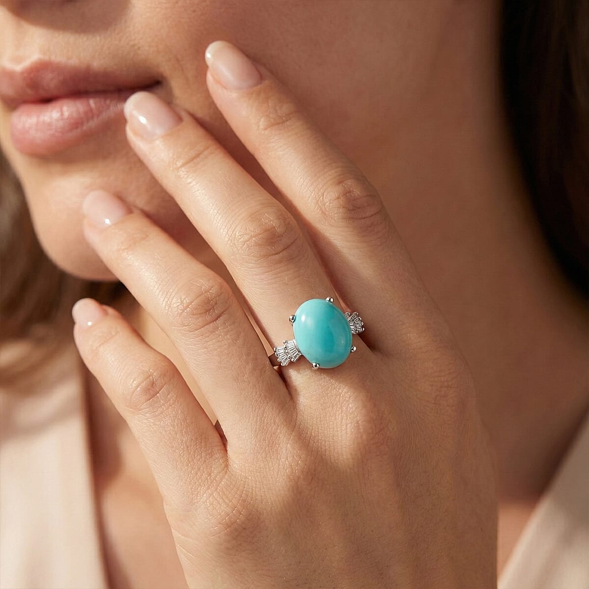 D'Joy Sleeping Beauty Turquoise and Diamond 2.60 ctw Ring in Rhodium Over Sterling Silver (Size 9.0) image number 2