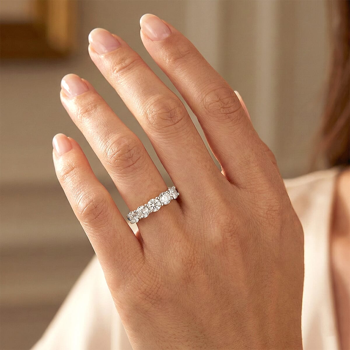 D'Joy Moissanite 2.50 ctw 5 Stone Ring in Rhodium Over Sterling Silver (Size 9.0) image number 2