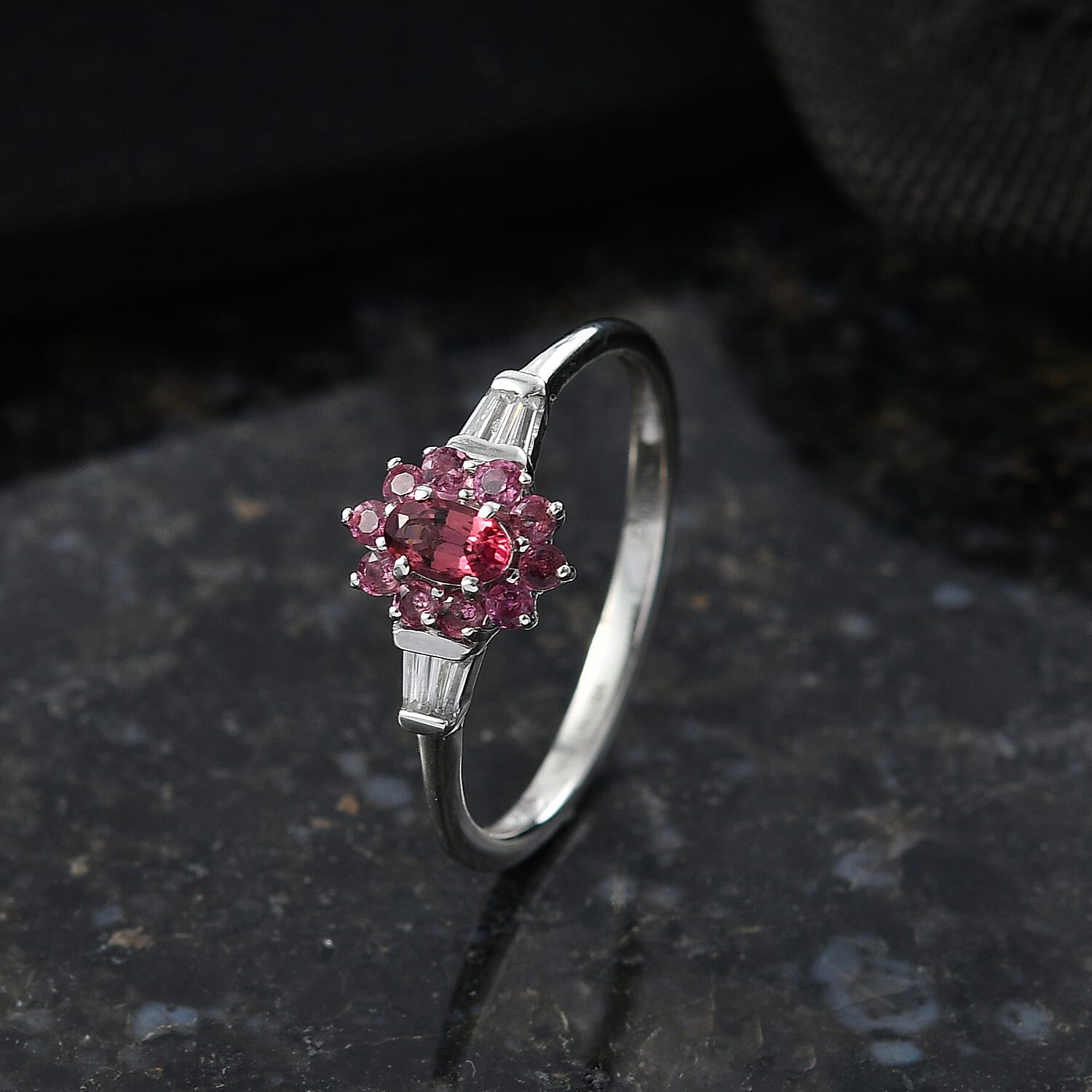 D'Joy Ouro Fino Rubellite and Moissanite 0.65 ctw Crown Bloom Ring in Rhodium Over Sterling Silver (Size 10.0)
