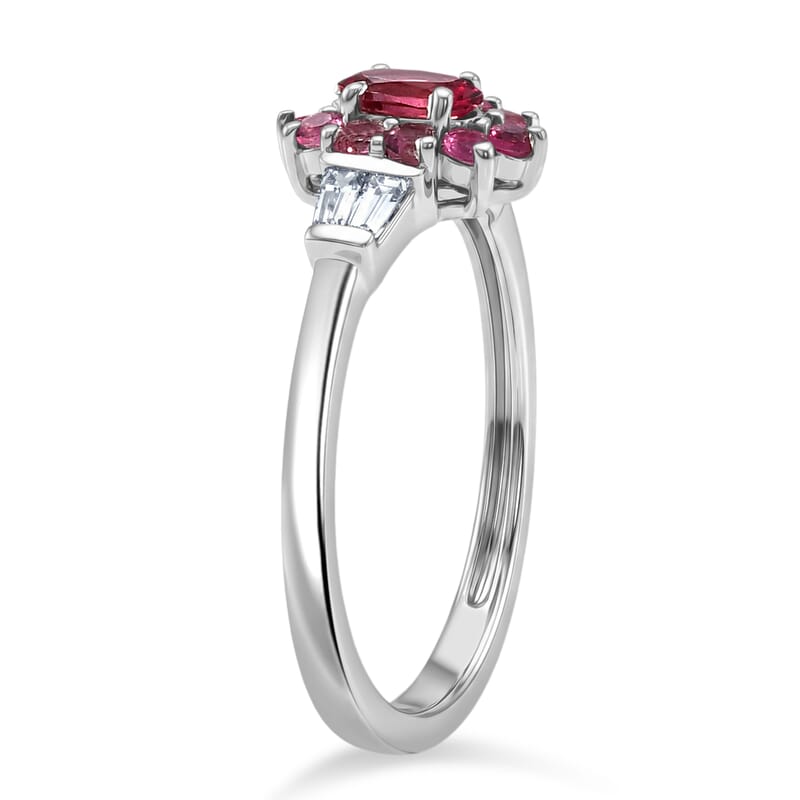 D'Joy Ouro Fino Rubellite and Moissanite 0.65 ctw Crown Bloom Ring in Rhodium Over Sterling Silver (Size 10.0)