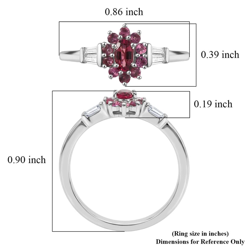 D'Joy Ouro Fino Rubellite and Moissanite 0.65 ctw Crown Bloom Ring in Rhodium Over Sterling Silver (Size 10.0)