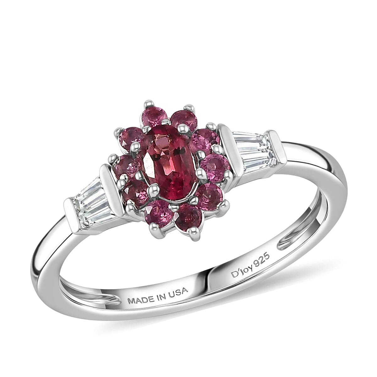 D'Joy Ouro Fino Rubellite and Moissanite 0.65 ctw Crown Bloom Ring in Rhodium Over Sterling Silver (Size 6.0)