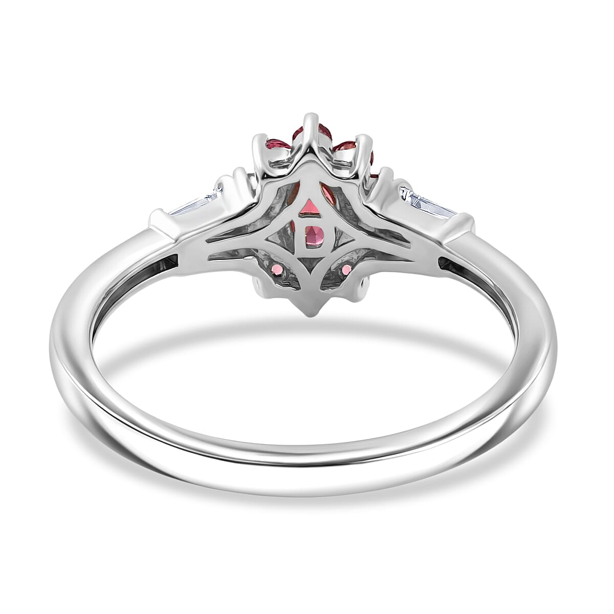 D'Joy Ouro Fino Rubellite and Moissanite 0.65 ctw Crown Bloom Ring in Rhodium Over Sterling Silver (Size 6.0)