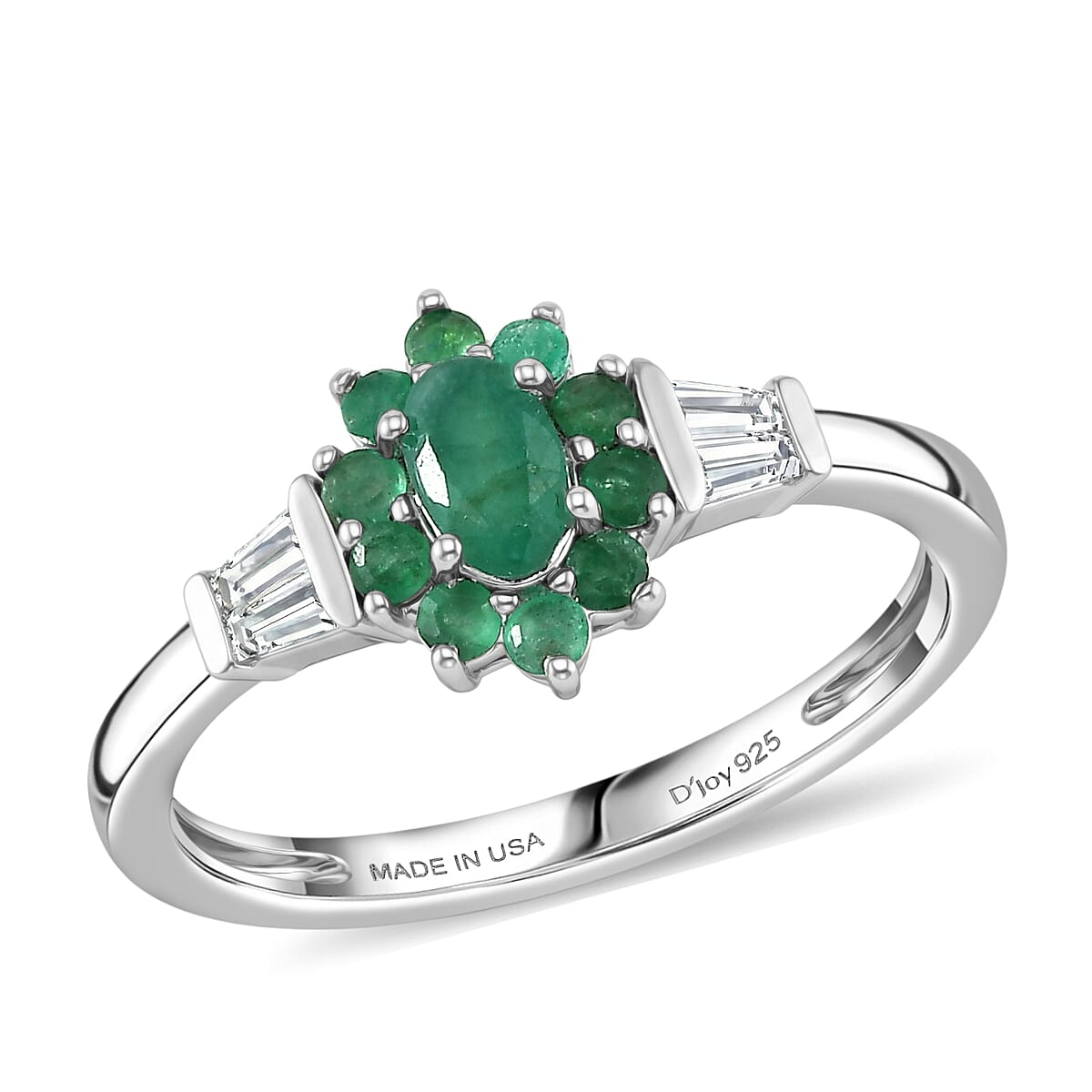 Doorbuster D'Joy Kagem Zambian Emerald and Moissanite 0.60 ctw Crown Bloom Ring in Rhodium Over Sterling Silver (Size 7.0)