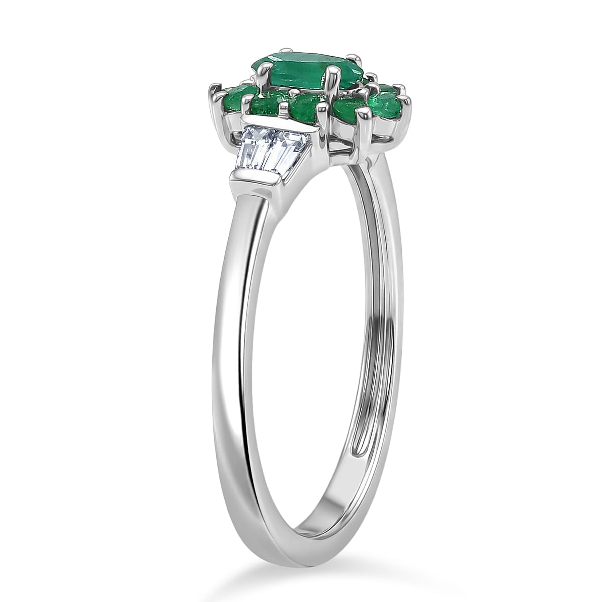Doorbuster D'Joy Kagem Zambian Emerald and Moissanite 0.60 ctw Crown Bloom Ring in Rhodium Over Sterling Silver (Size 7.0)