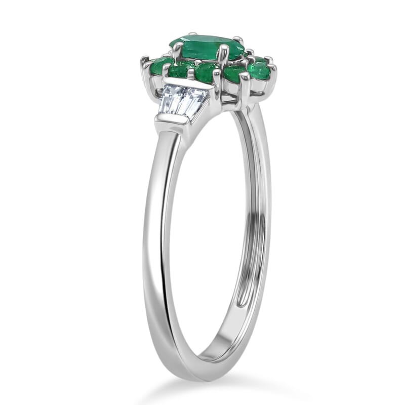 Doorbuster D'Joy Kagem Zambian Emerald and Moissanite 0.60 ctw Crown Bloom Ring in Rhodium Over Sterling Silver (Size 7.0)