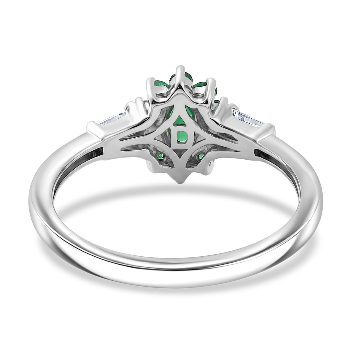 Doorbuster D'Joy Kagem Zambian Emerald and Moissanite 0.60 ctw Crown Bloom Ring in Rhodium Over Sterling Silver (Size 7.0)