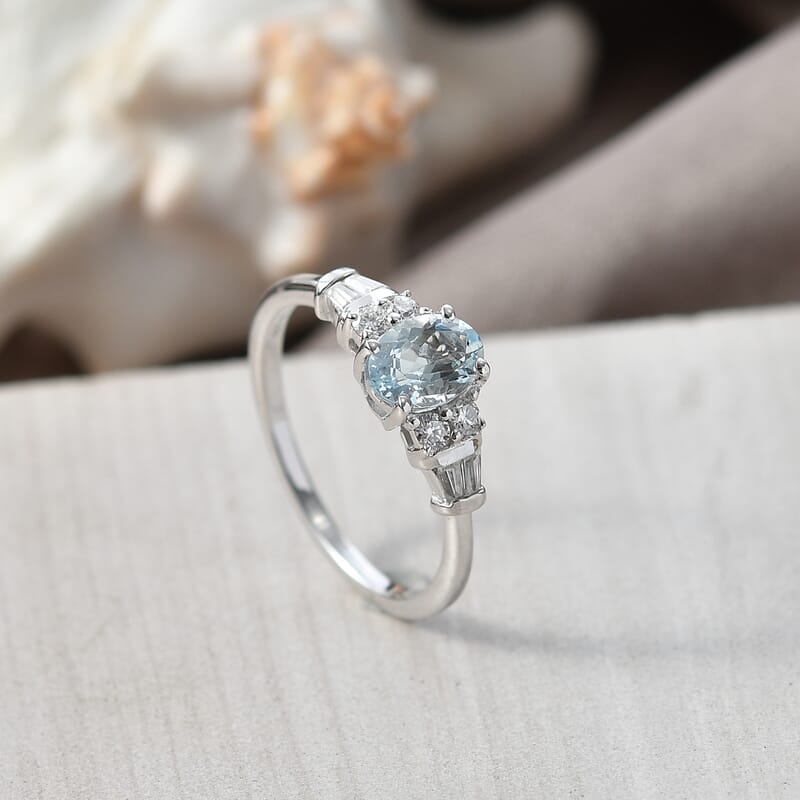D'Joy Premium Mangoro Aquamarine and Moissanite 1.00 ctw The Blue Signature Ring in Rhodium Over Sterling Silver (Size 10.0)