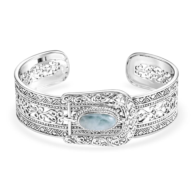 D'Joy Bali Legacy Larimar 4.10 ctw Cuff Bracelet in Sterling Silver (7.25 in)