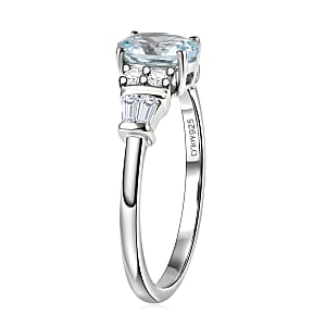 D'Joy Premium Mangoro Aquamarine and Moissanite 1.00 ctw The Blue Signature Ring in Rhodium Over Sterling Silver (Size 6.0) (Del. In 8-10 Days)