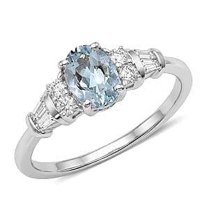 D'Joy Premium Mangoro Santo Aquamarine and Moissanite 1.00 ctw Ring in Rhodium Over Sterling Silver (Size 7.0)