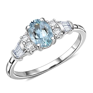 D'Joy Premium Mangoro Aquamarine and Moissanite 1.00 ctw The Blue Signature Ring in Rhodium Over Sterling Silver (Size 8.0) (Del. In 8-10 Days)