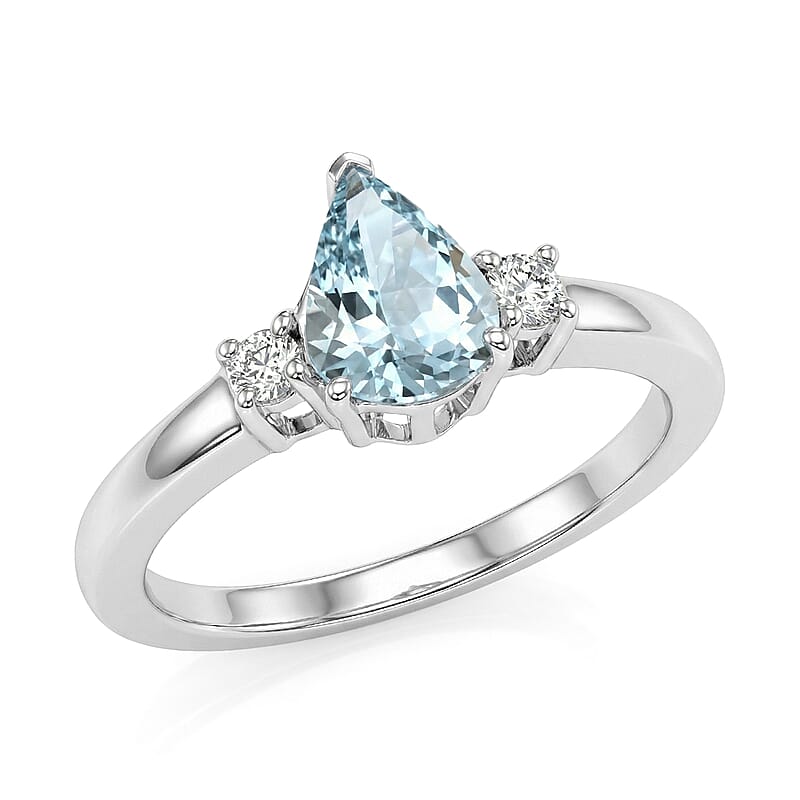 Premium Mangoro Aquamarine and Luxuriant Lab Grown Diamond G-H SI 1.10 ctw The Regal Pear Ring in Rhodium Over Sterling Silver (Size 10.0)
