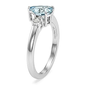 Premium Mangoro Aquamarine and Luxuriant Lab Grown Diamond G-H SI 1.10 ctw The Regal Pear Ring in Rhodium Over Sterling Silver (Size 6.0)