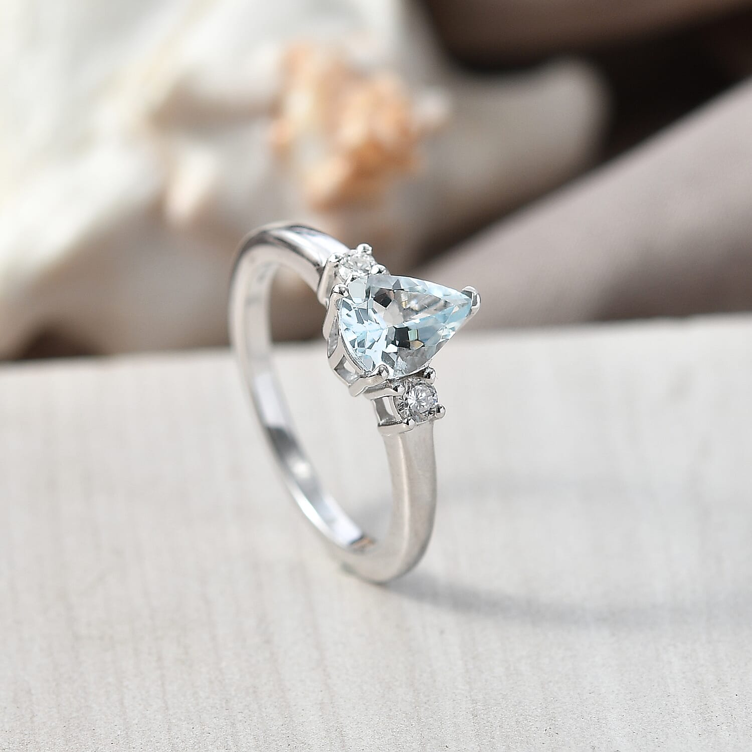 Premium Mangoro Aquamarine and Luxuriant Lab Grown Diamond G-H SI 1.10 ctw The Regal Pear Ring in Rhodium Over Sterling Silver (Size 9.0)