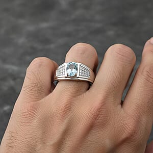 D'Joy Premium Mangoro Santo Aquamarine and Moissanite 1.25 ctw Ring in Rhodium Over Sterling Silver (Size 11.0)