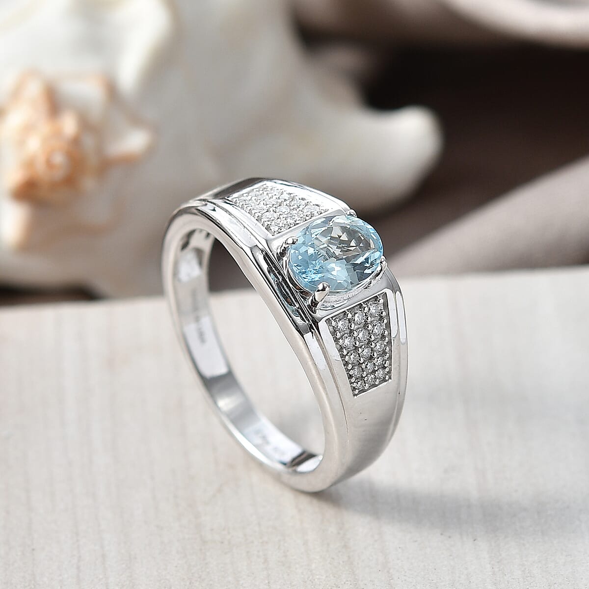 D'Joy Premium Mangoro Aquamarine and Moissanite 1.35 ctw Men's Ring in Rhodium Over Sterling Silver (Size 12.0) (Del. In 8-10 Days) image number 1