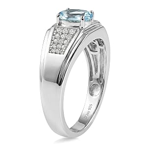D'Joy Premium Mangoro Aquamarine and Moissanite 1.35 ctw Men's Ring in Rhodium Over Sterling Silver (Size 12.0) (Del. In 8-10 Days)