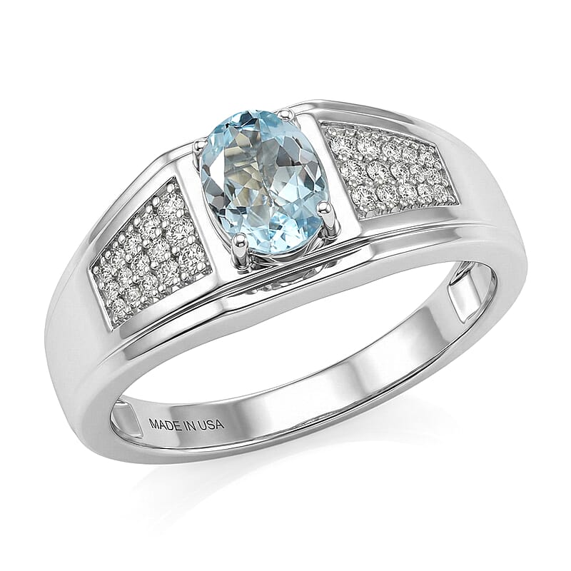 D'Joy Premium Mangoro Aquamarine and Moissanite 1.35 ctw Men's Ring in Rhodium Over Sterling Silver (Size 13.0)