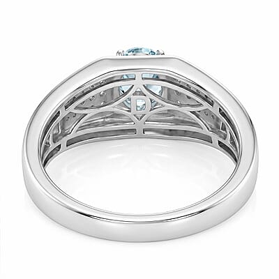D'Joy Premium Mangoro Aquamarine and Moissanite 1.35 ctw Men's Ring in Rhodium Over Sterling Silver (Size 13.0)