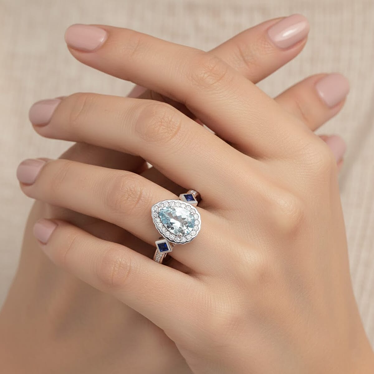 D'Joy Premium Mangoro Aquamarine and Multi Gemstone 2.00 ctw The Regal Drop Ring in Rhodium Over Sterling Silver (Size 10.0) (Del. In 8-10 Days) image number 2