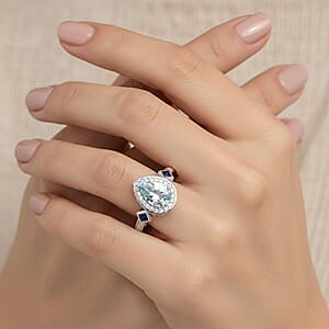 D'Joy Premium Mangoro Aquamarine and Multi Gemstone 2.00 ctw The Regal Drop Ring in Rhodium Over Sterling Silver (Size 10.0) (Del. In 8-10 Days)