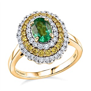 Certified & Appraised 10K Yellow Gold AAA Kagem Zambian Emerald, Luxuriant Lab Grown Yellow and White Diamond (SI) (0.73 cts) Ring (Size 10.0) 1.50 ctw