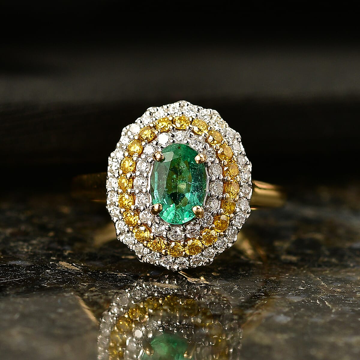 Certified & Appraised 10K Yellow Gold AAA Kagem Zambian Emerald, Luxuriant Lab Grown Yellow and White Diamond (SI) (0.73 cts) Ring (Size 10.0) 1.50 ctw image number 1