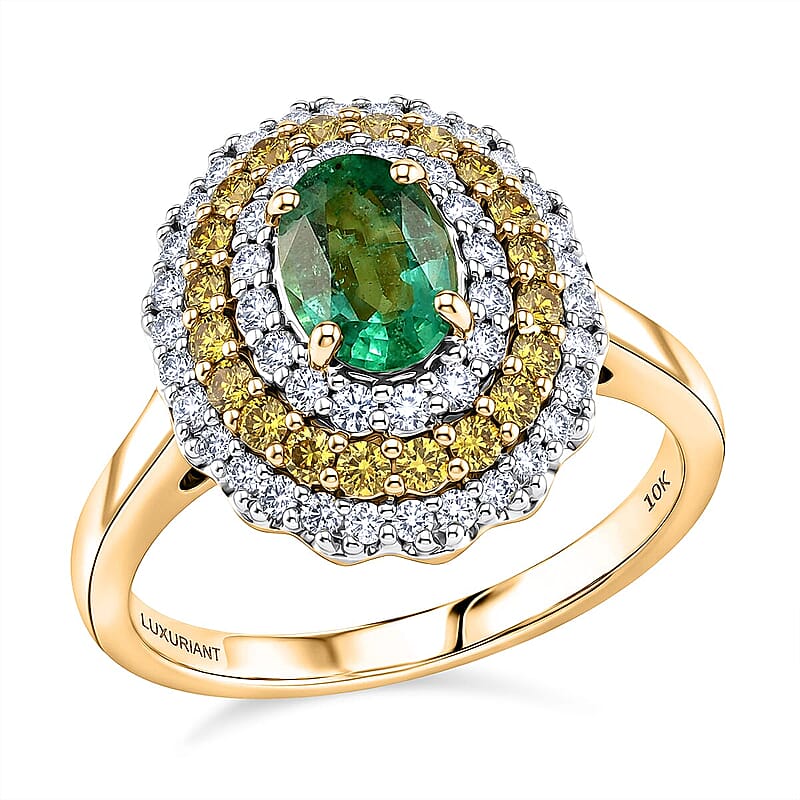 Certified & Appraised AAA Kagem Zambian Emerald and Luxuriant Lab Grown Yellow and White Diamond SI 1.50 ctw Ring in 10K Yellow Gold (Size  12.0)