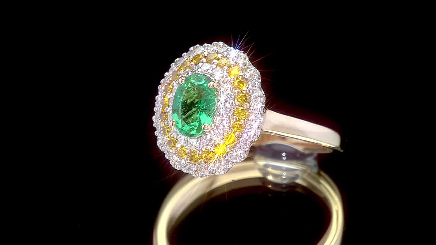Certified & Appraised 10K Yellow Gold AAA Kagem Zambian Emerald, Luxuriant Lab Grown Yellow and White Diamond (SI) (0.73 cts) Ring (Size 10.0) 1.50 ctw