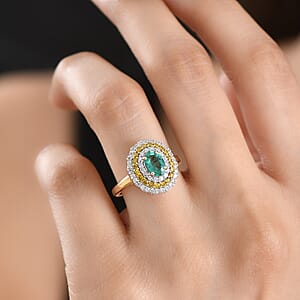 Certified & Appraised AAA Kagem Zambian Emerald and Luxuriant Lab Grown Yellow and White Diamond SI 1.50 ctw Ring in 10K Yellow Gold (Size 6.0)