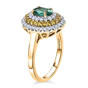 Certified & Appraised AAA Kagem Zambian Emerald and Luxuriant Lab Grown Yellow and White Diamond SI 1.50 ctw Ring in 10K Yellow Gold (Size 6.0)