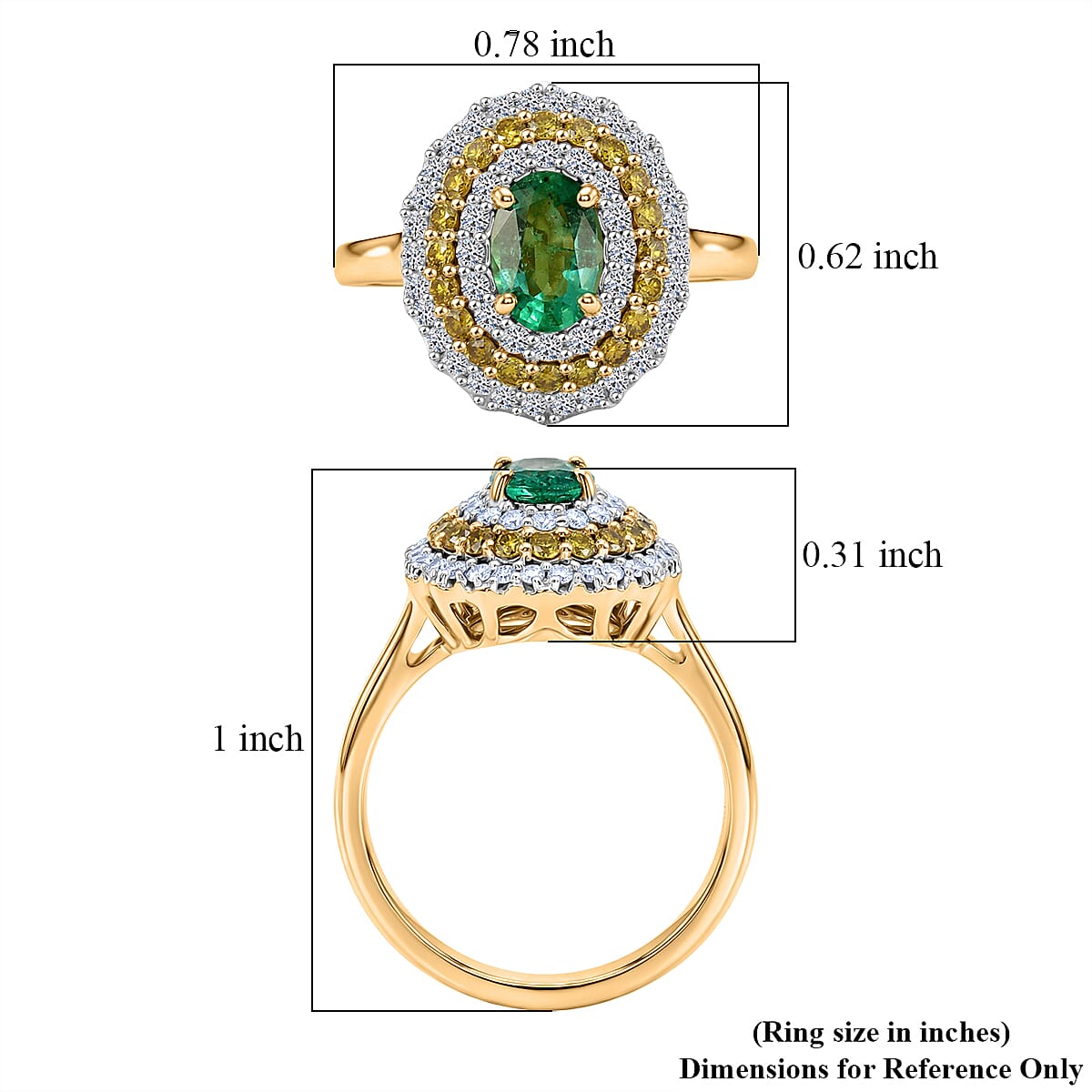 Certified & Appraised 10K Yellow Gold AAA Kagem Zambian Emerald, Luxuriant Lab Grown Yellow and White Diamond (SI) (0.73 cts) Ring (Size 10.0) 1.50 ctw image number 5