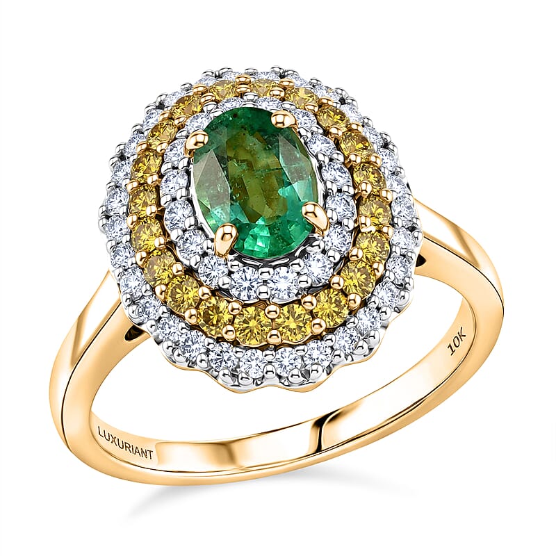 Certified & Appraised AAA Kagem Zambian Emerald and Luxuriant Lab Grown Yellow and White Diamond SI 1.50 ctw Ring in 10K Yellow Gold (Size  8.0)