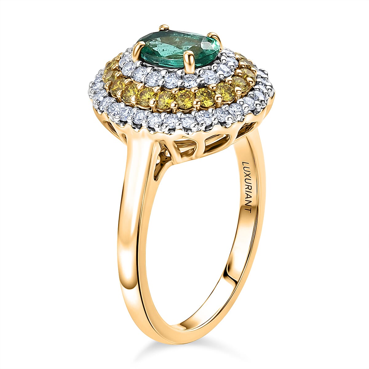 Certified & Appraised AAA Kagem Zambian Emerald and Luxuriant Lab Grown Yellow and White Diamond SI 1.50 ctw Ring in 10K Yellow Gold (Size 8.0) image number 3