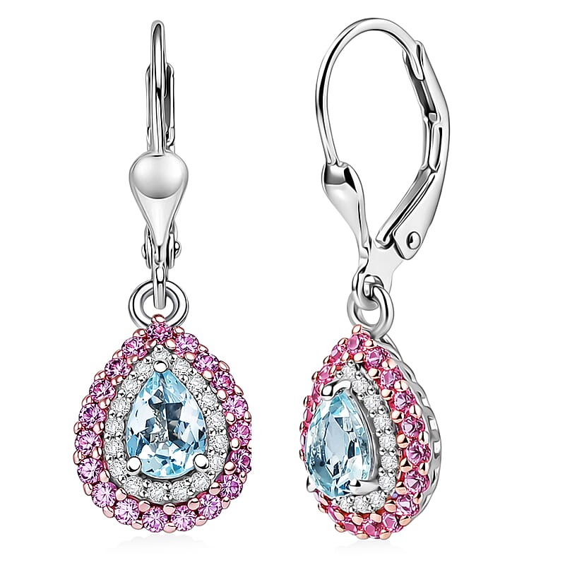 D'Joy Premium Mangoro Aquamarine and Multi Gemstone 1.35 ctw The Coronation Earrings in Rhodium Over Sterling Silver