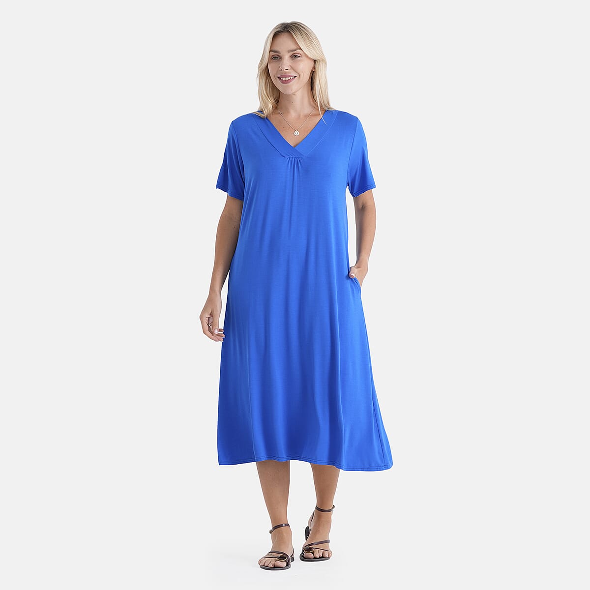 La Marey Sapphire Blue Sleeves and Pleated V-Neck Dress - One Size Fits Most image number 4